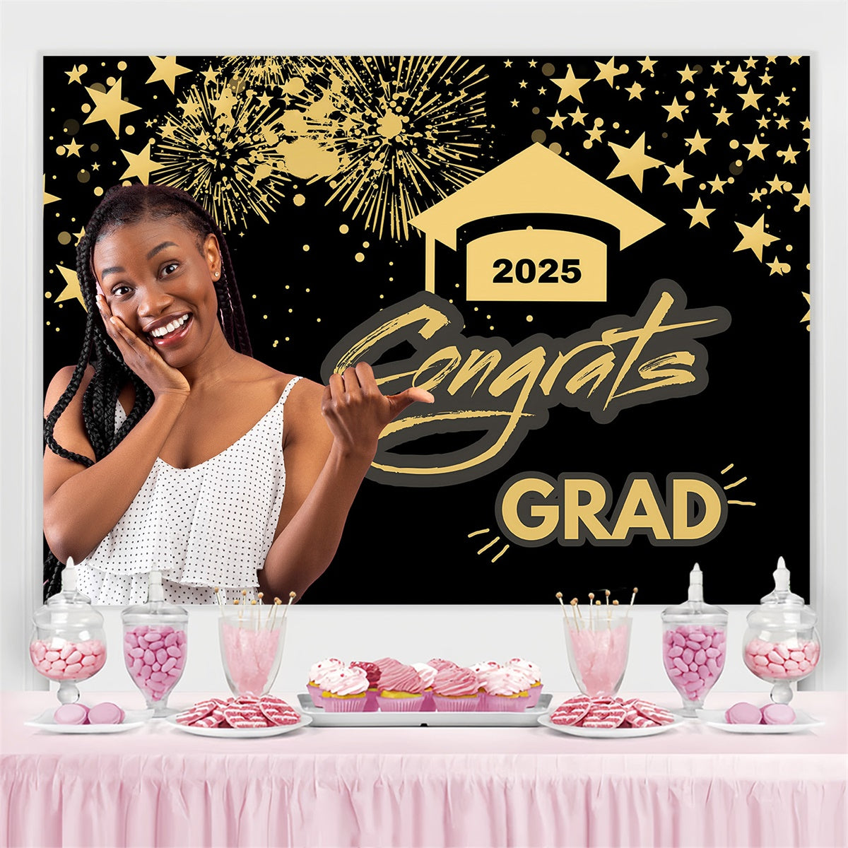 Customized Graduation Backdrop Gold Star Graduation Party Backdrop MRR4-2