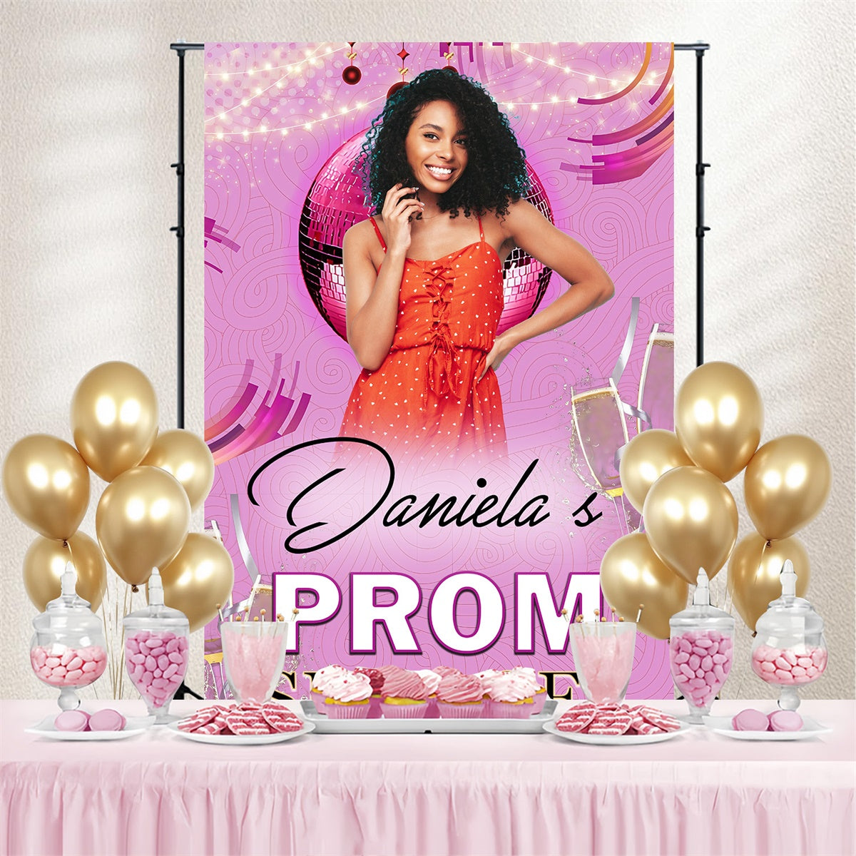 Prom Backdrops Pink Disco Theme Graduation Party Backdrop MRR4-26