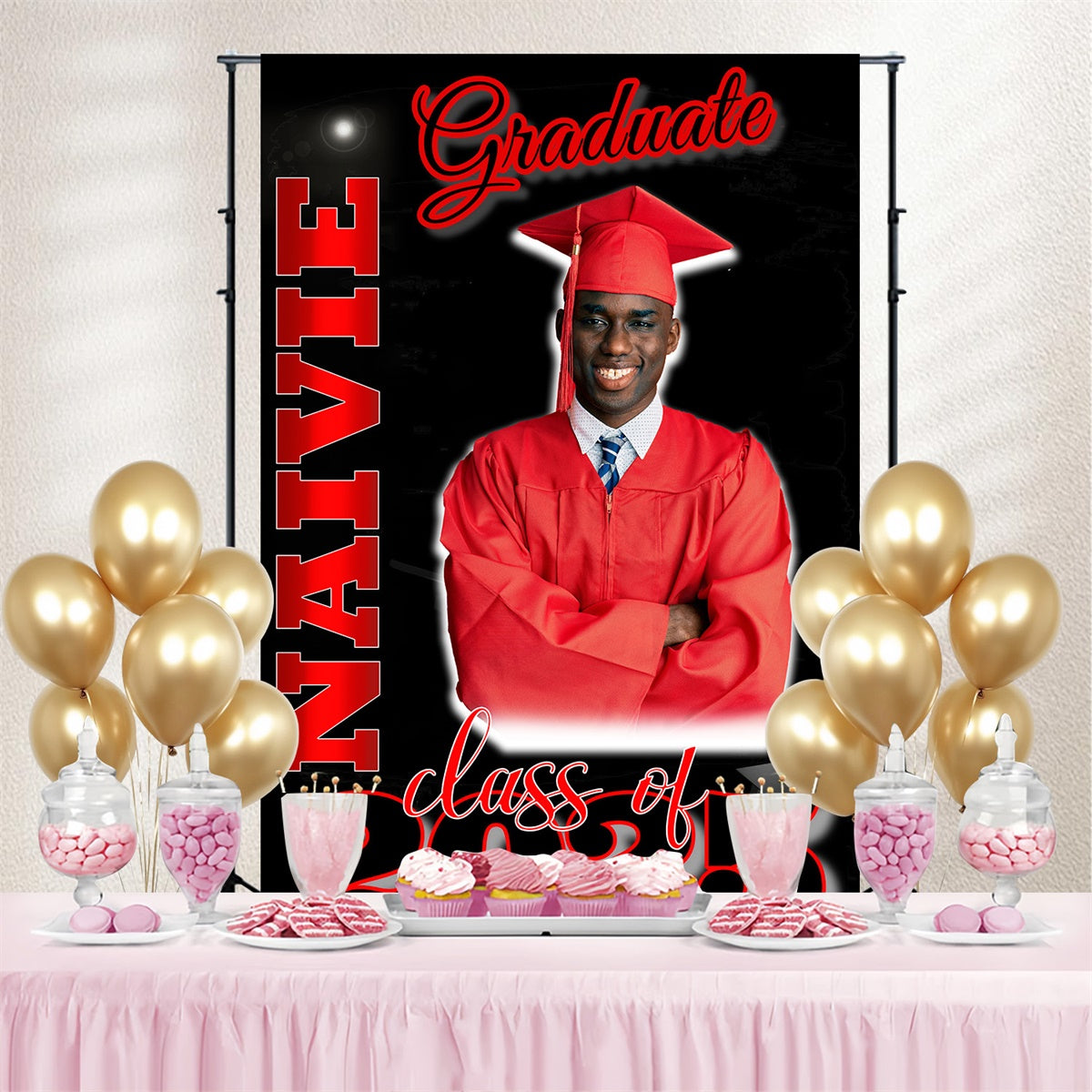 Personalized Graduation Backdrops Bold Red Black Graduation Party Backdrop MRR4-29