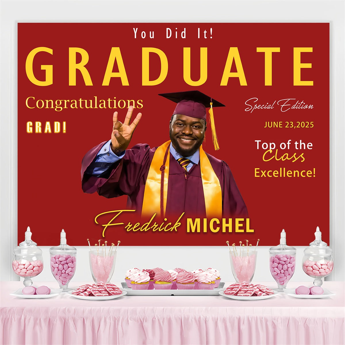 Personalized Graduation Backdrop Red Gold Honor Graduation Party Backdrop MRR4-3