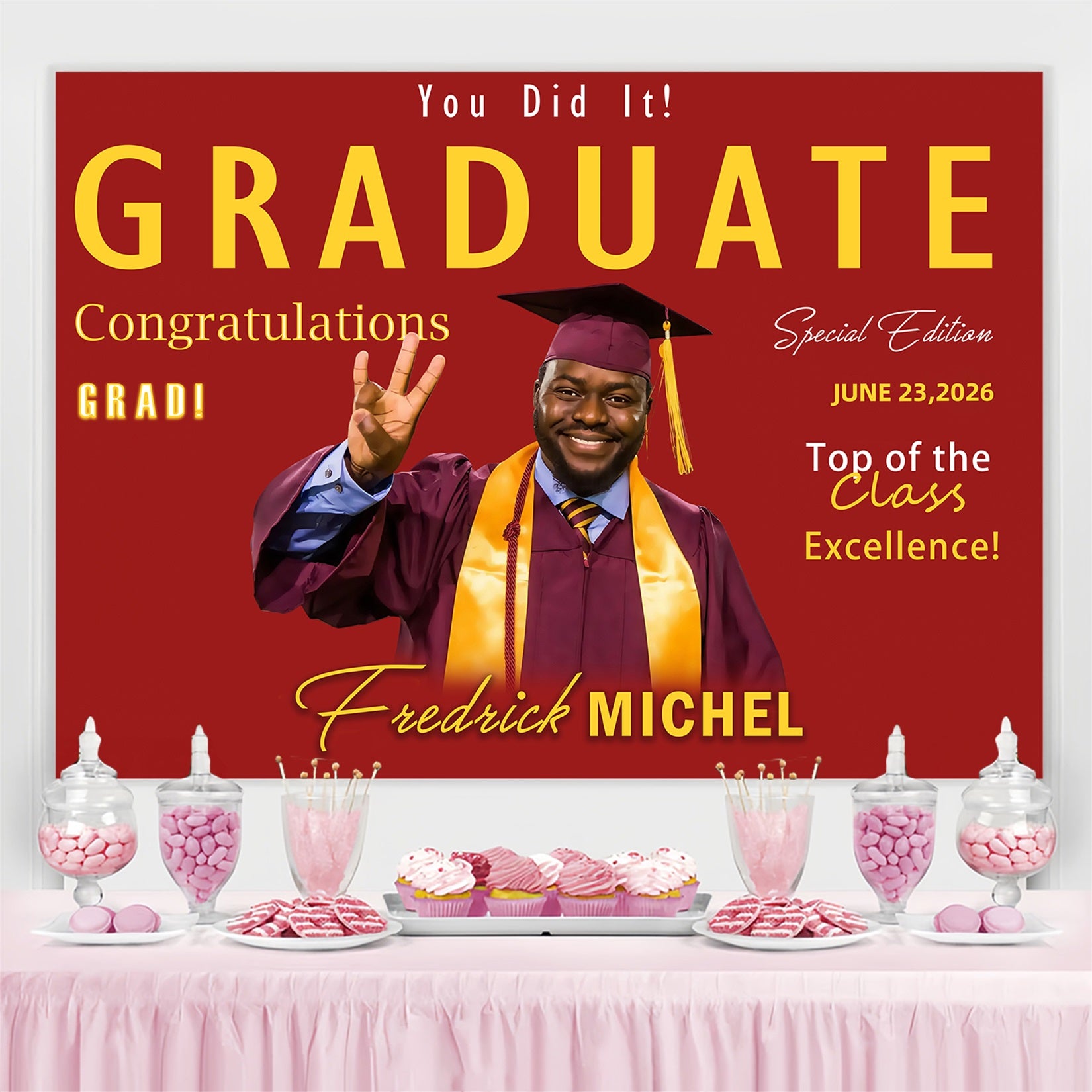 Personalized Graduation Backdrop Red Gold Honor Graduation Party Backdrop MRR4-3