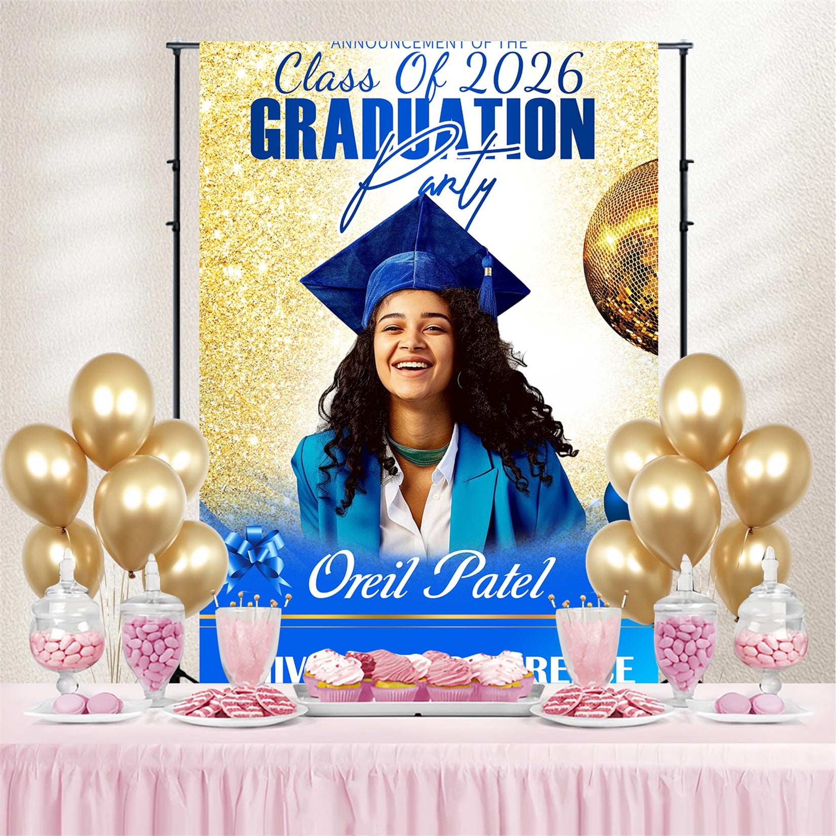 Graduated Backdrop Golden Sparkle Celebration Personalised Party Graduation Backdrop MRR4-47