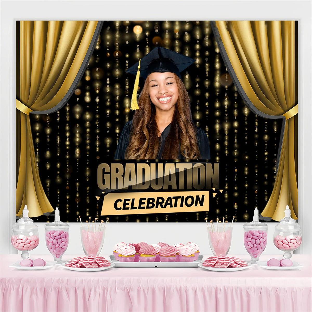 Custom Graduation Backdrop 2025 Golden Curtain Graduation Party Backdrop MRR4-5