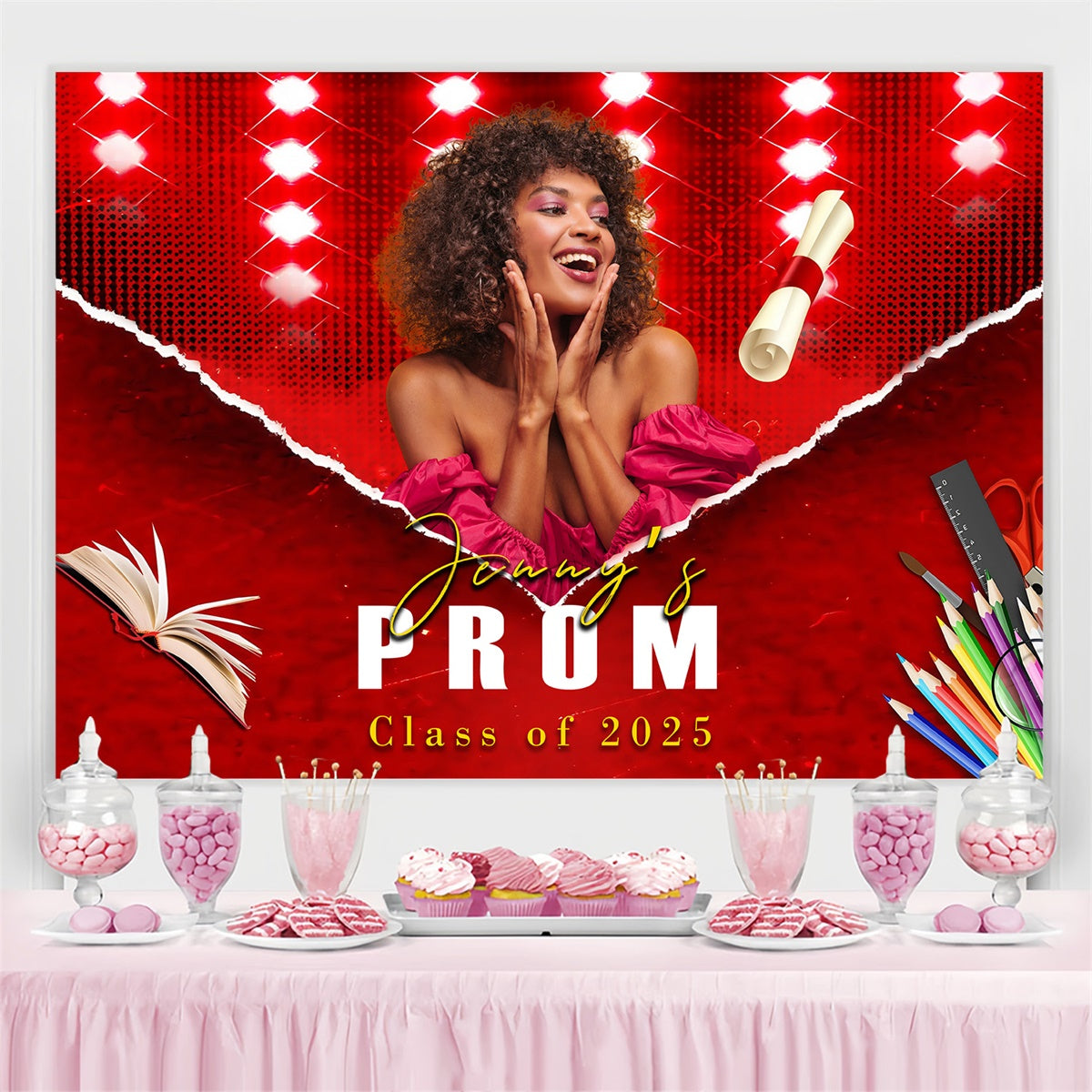 Prom Backdrop Glow Red Spotlight Graduation Party Backdrop MRR4-8