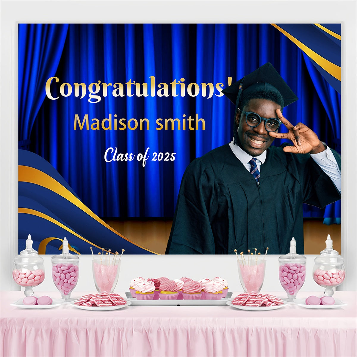 Custom Graduation Backdrops Blue Curtain Stage Graduation Party Backdrop MRR4-9