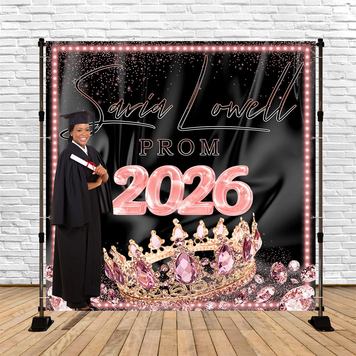 Prom Photo Backdrop Pink Crown Personalized Graduation Party Backdrop MRR5-1