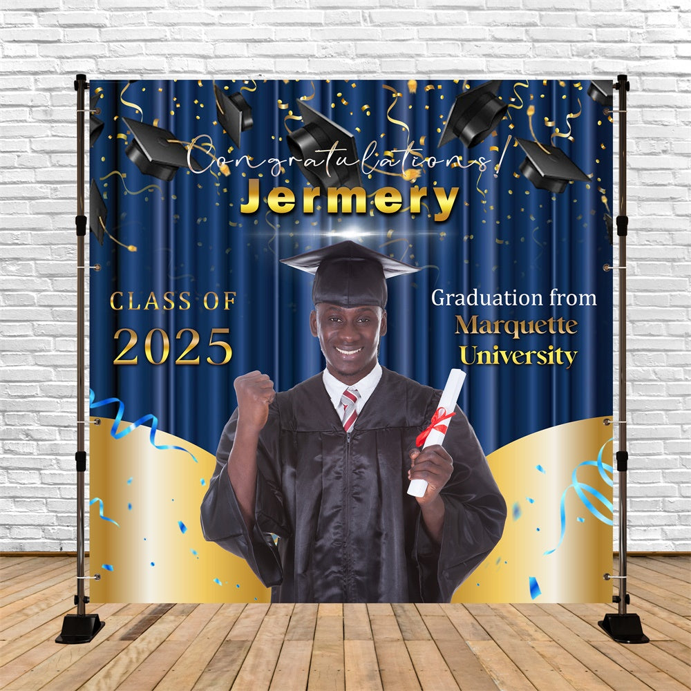 Custom Graduation Backdrop Golden Blue Cheers Party Graduation Backdrop MRR6-26