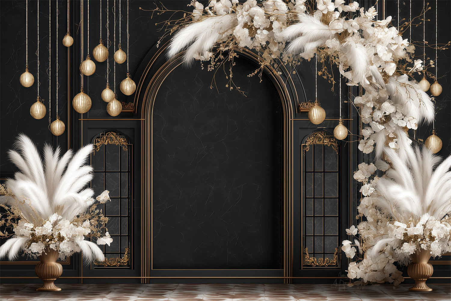 Bohemian Style Backdrop Black Gold Glam Arch Backdrop MRR7-256