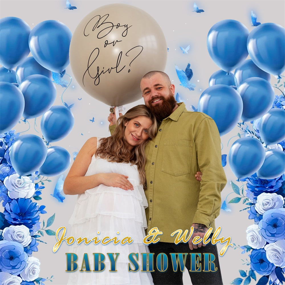 Baby Shower Backdrops Blue Bloom Balloon Personalized Backdrop MRR7-6