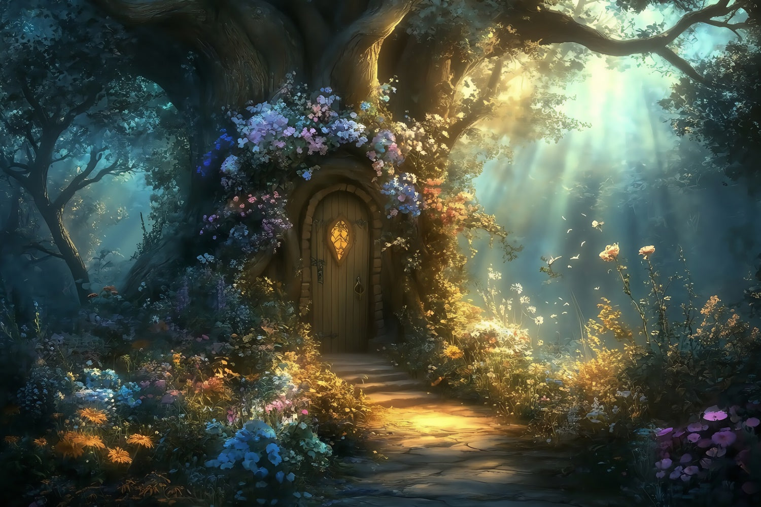 Fairytale Forest Backdrop Blossom Tree Cottage Backdrop MRR7-93