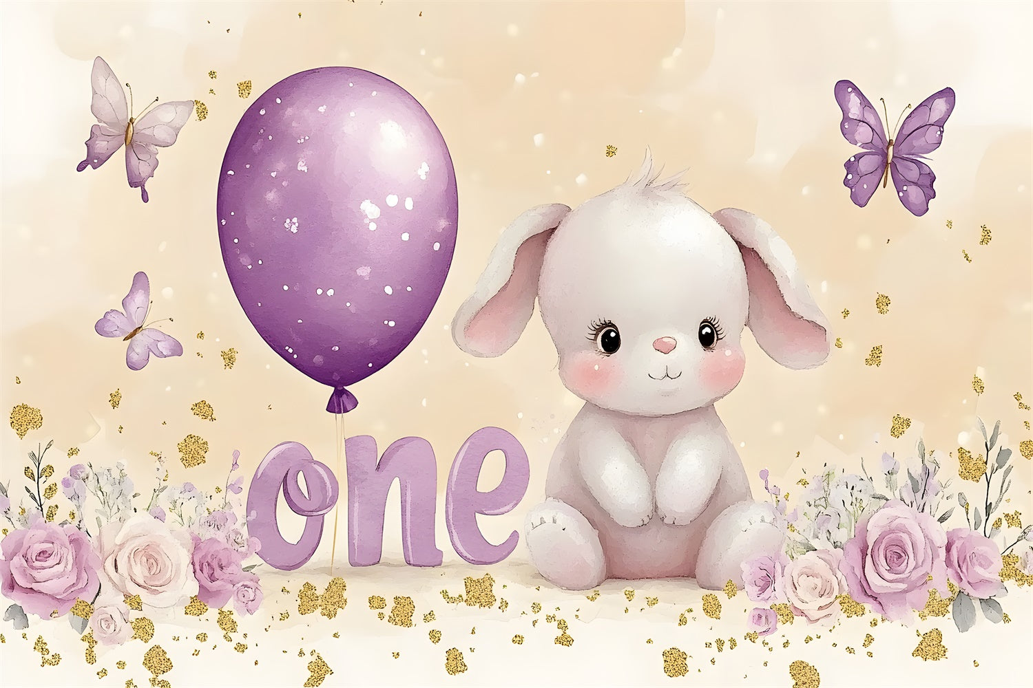 Personalized Backdrop For Birthday Purple Balloon Bunny Backdrop RR1-40
