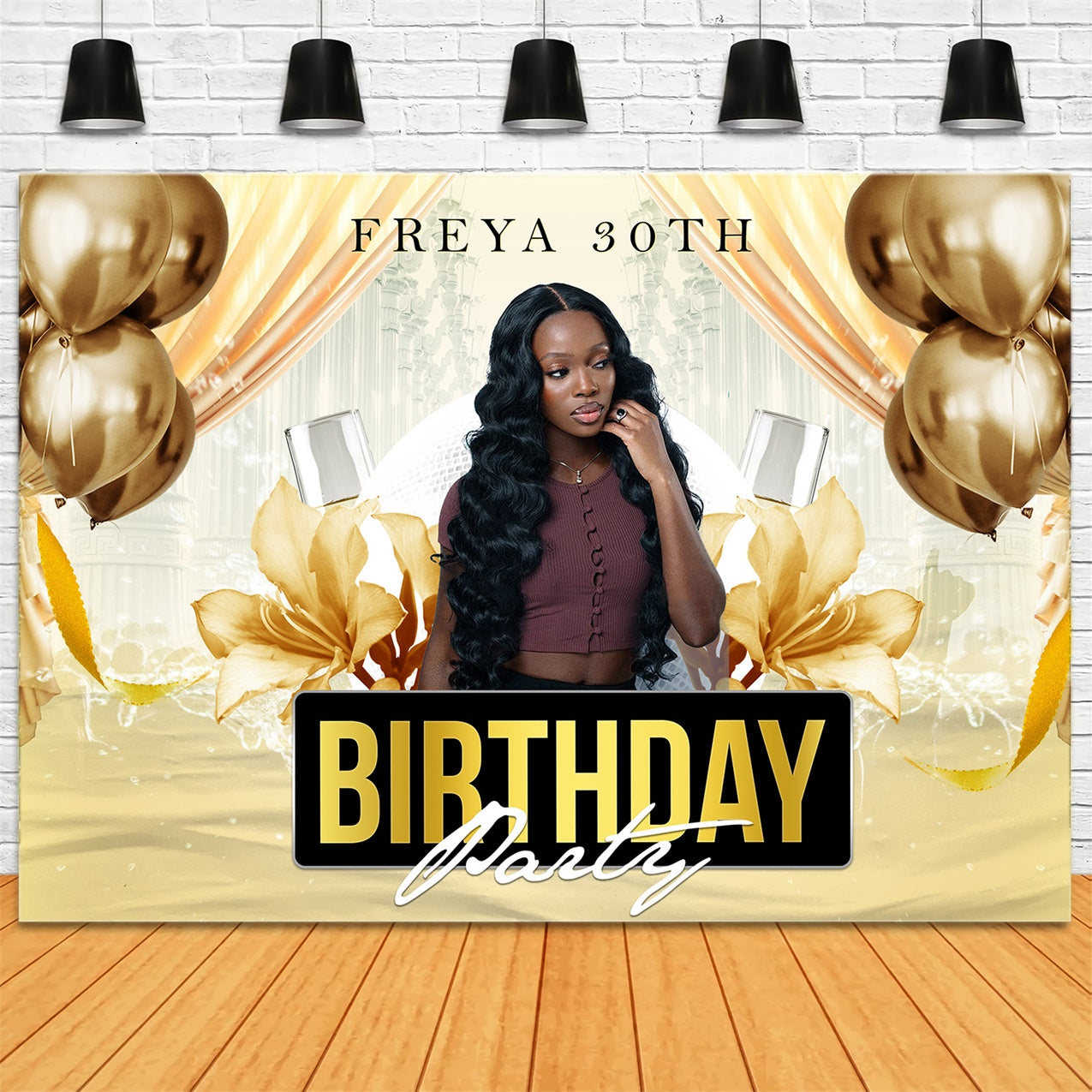 Birthday Backdrop Personalized Gold Shine Flowers 30th Backdrop RR1-76