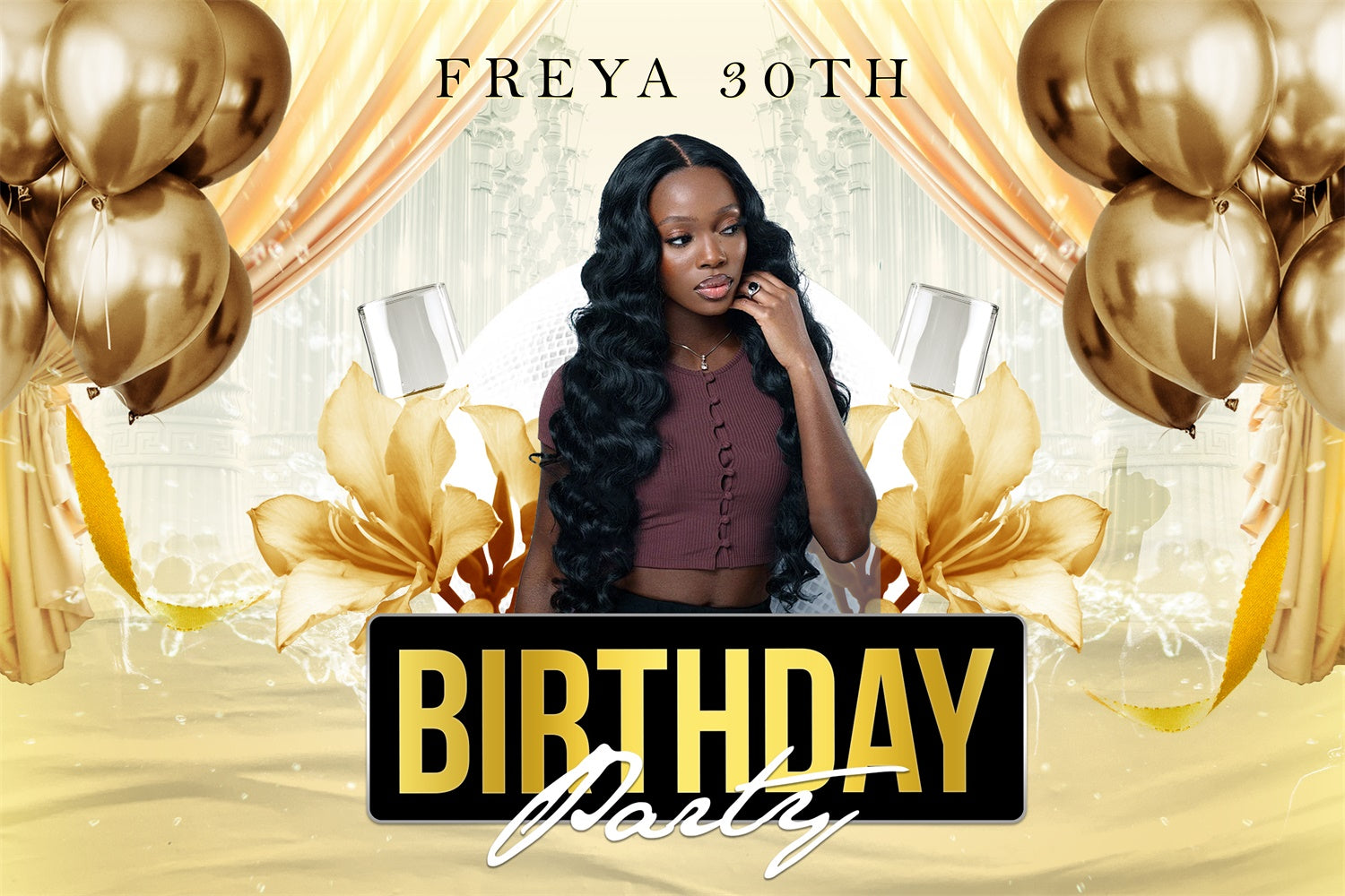 Birthday Backdrop Personalized Gold Shine Flowers 30th Backdrop RR1-76