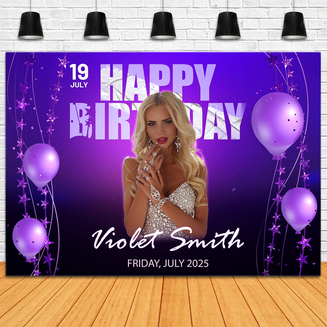 Personalized Backdrop For Birthday Sparkling Balloon Purple Backdrop RR1-84