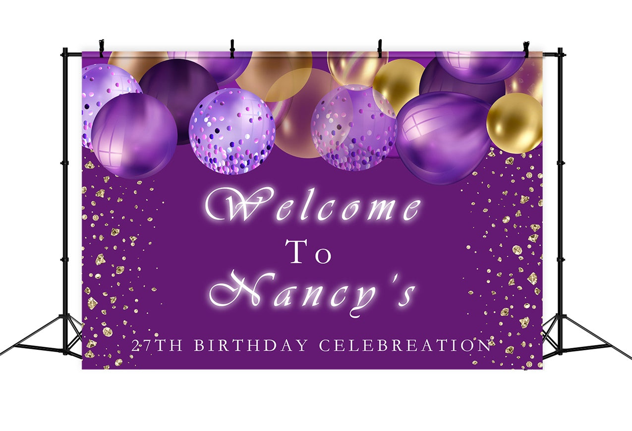 Customized Birthday Backdrop Purple Balloons Golden Glitter Backdrop RR12-47