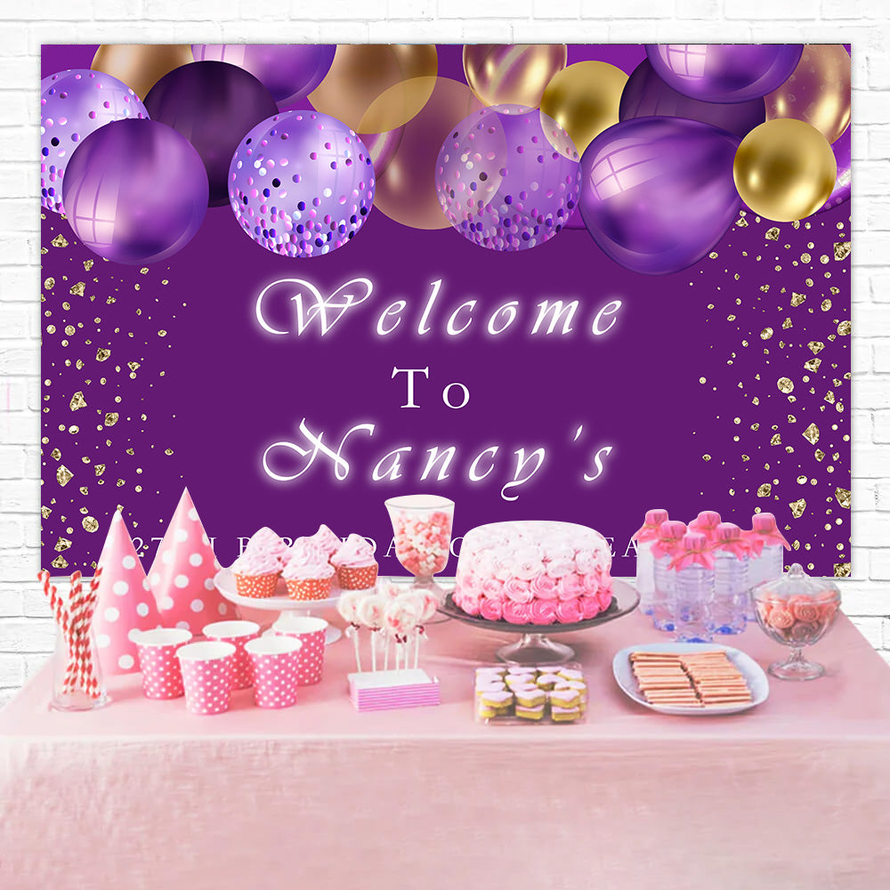 Customized Birthday Backdrop Purple Balloons Golden Glitter Backdrop RR12-47