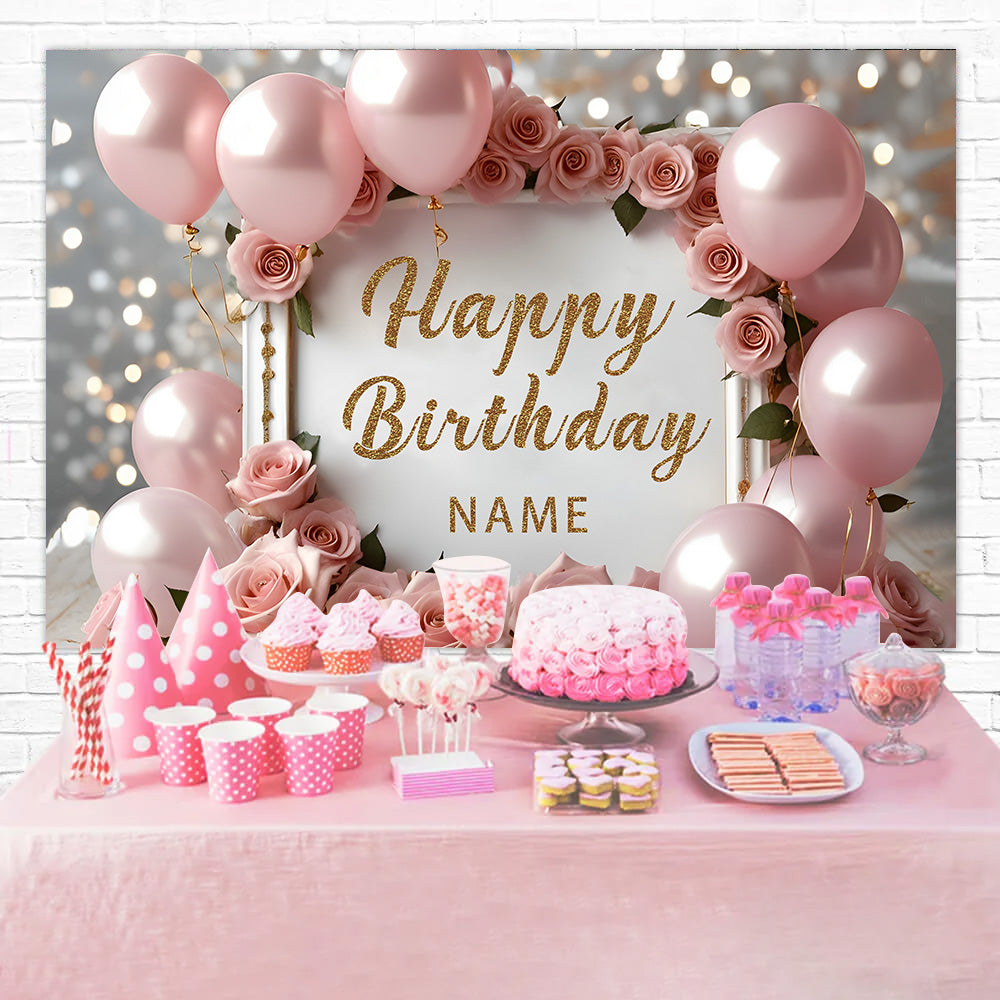 Personalized Birthday Backdrop Elegant Pink Roses Balloon Backdrop RR12-49