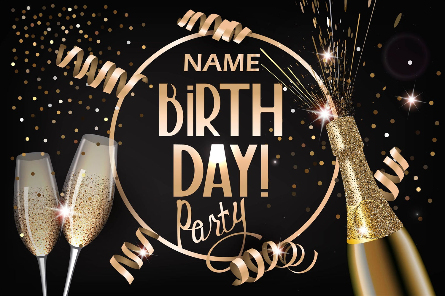 Personalized Birthday Backdrop Champagne Sparkles Gold Ribbon Backdrop RR12-53