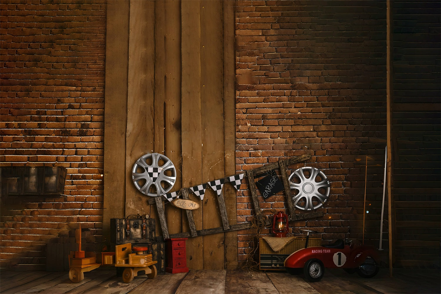 Father's Day Vintage Brick Wall Ladder Racing Tire Backdrop RR5-1