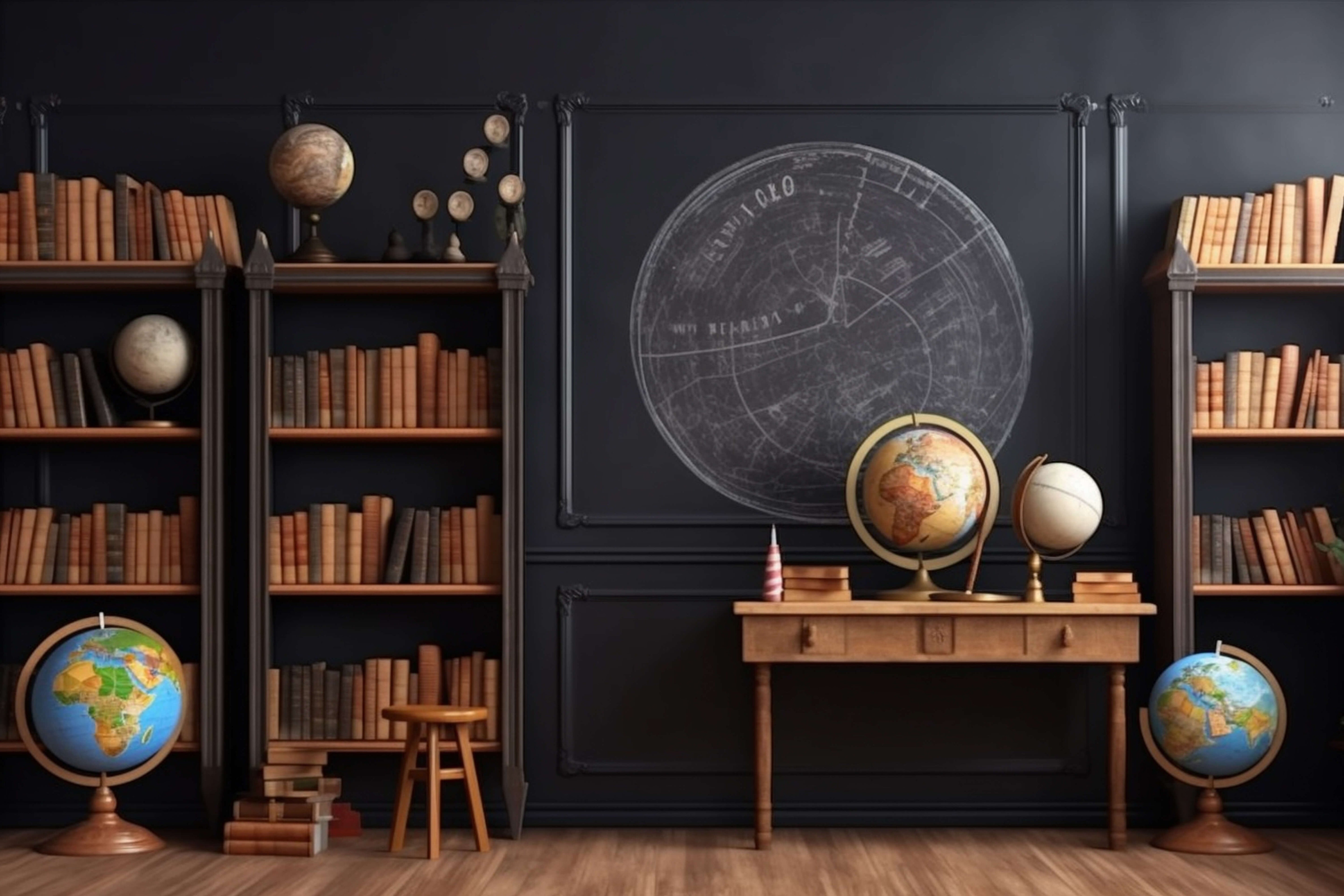 Back to School Bookshelf Globes Classroom Backdrop RR6-44