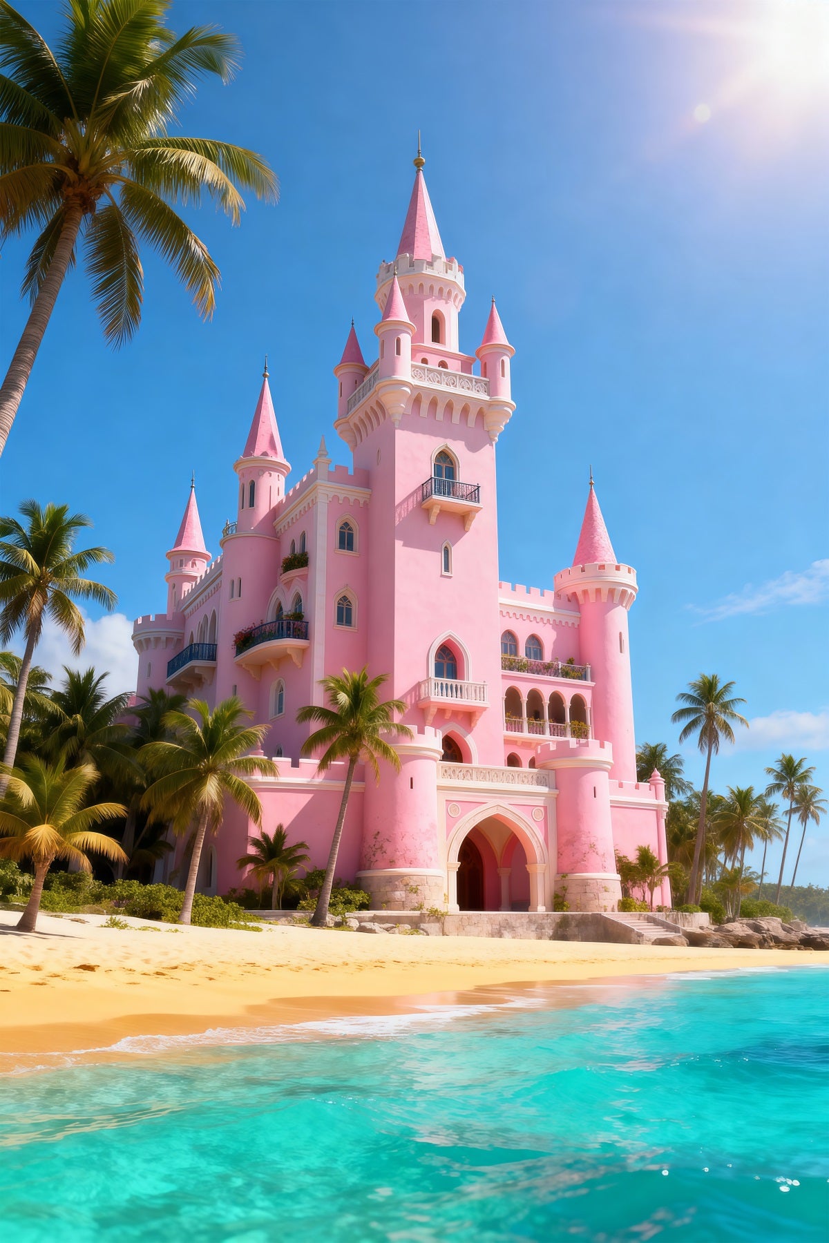 Beach Scene Backdrops Pink Castle Palm Trees Summer Photography Backdrop RR61-11
