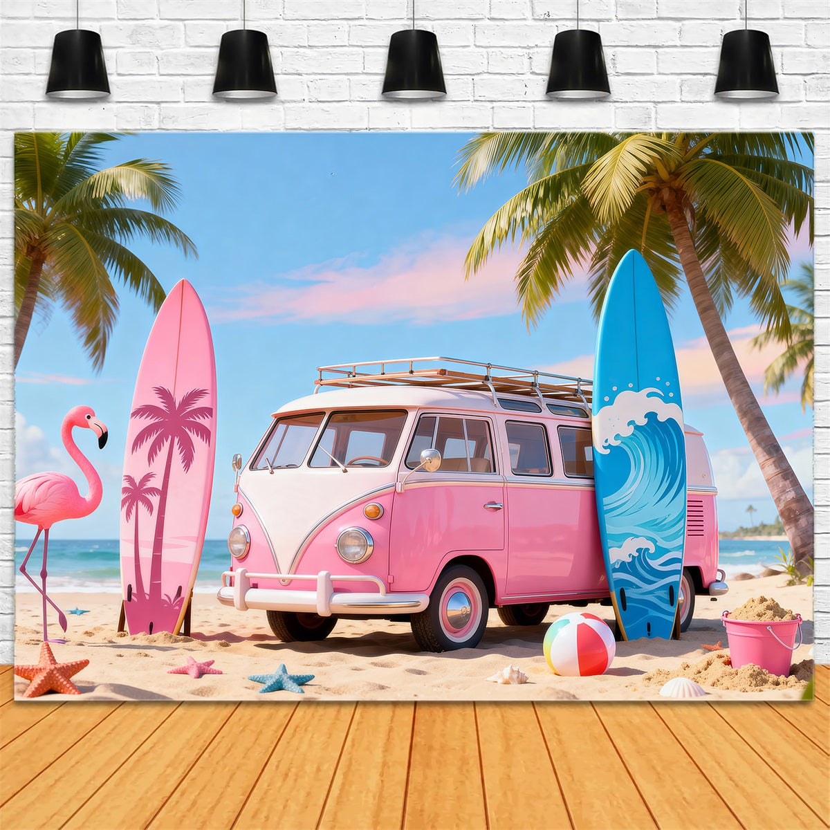 Beach Scene Backdrops Pink Van Flamingo Surfboard Summer Photo Backdrop RR61-19