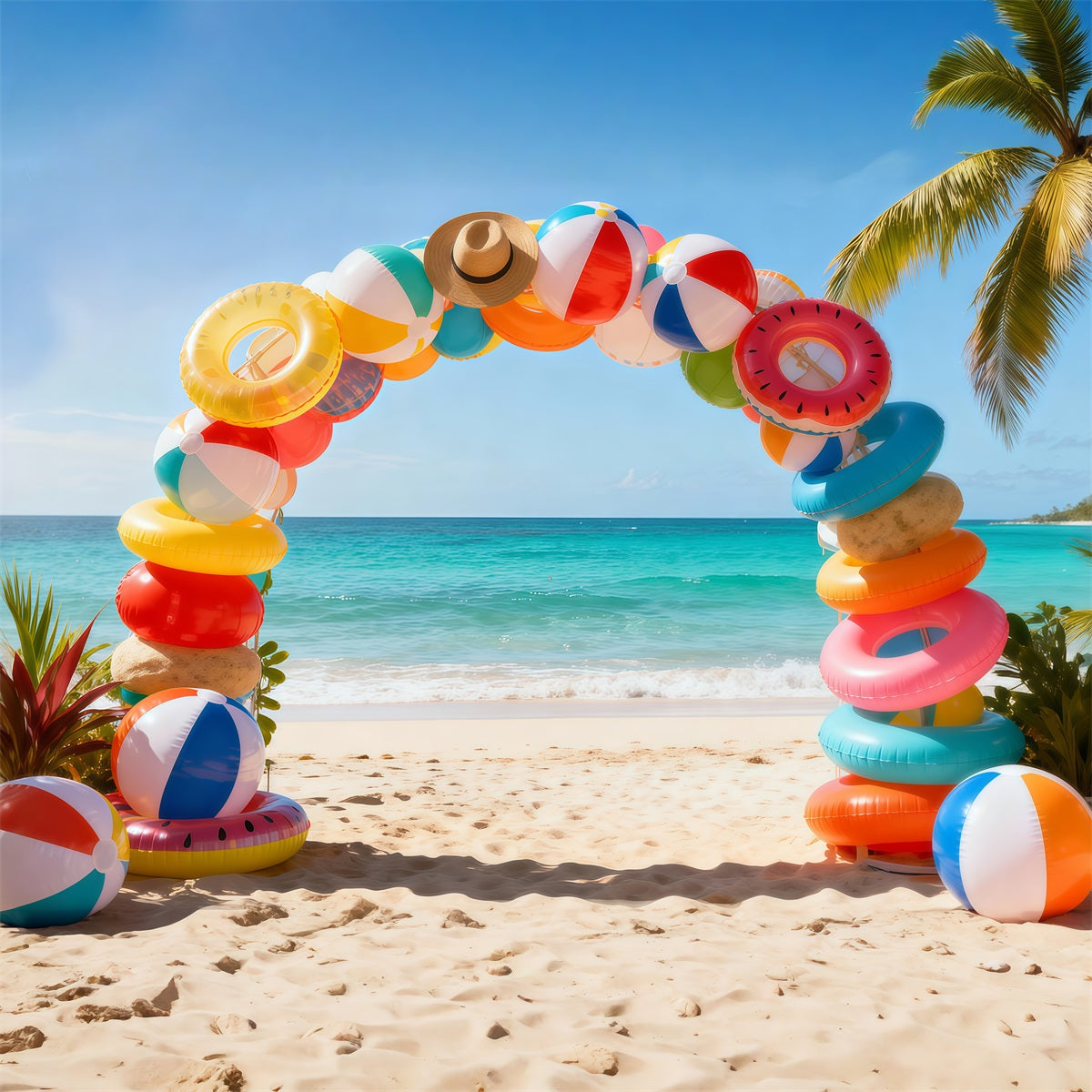 Beach Photo Backdrop Swimming Ring Ball Arch Fun Summer Backdrops RR61-2