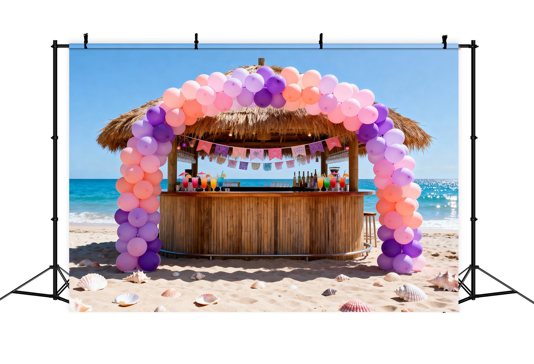 Beach Scene Photo Backdrop Beachfront Tiki Bar Party Summer Photo Backdrops RR61-21