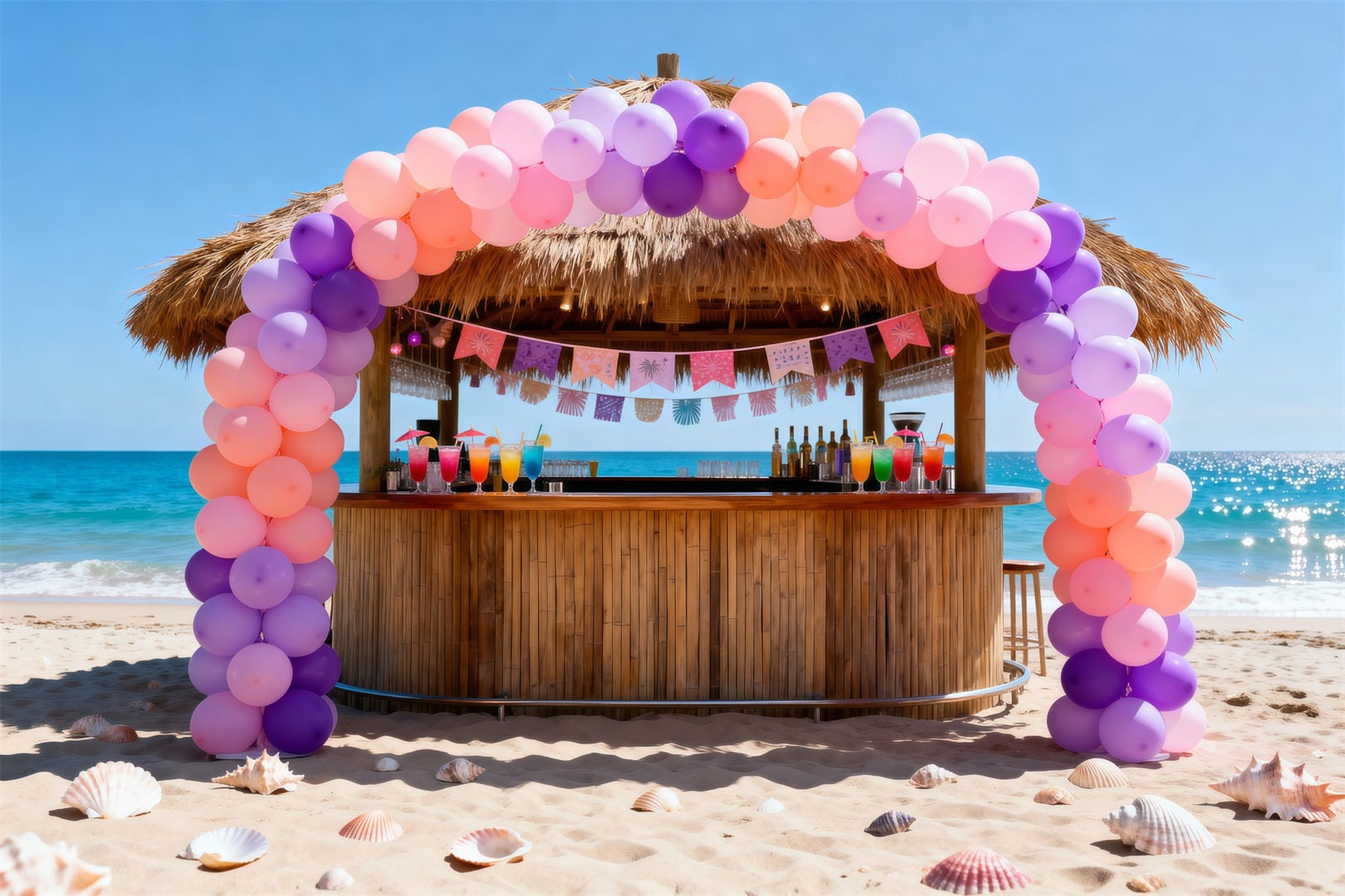 Beach Scene Photo Backdrop Beachfront Tiki Bar Party Summer Photo Backdrops RR61-21