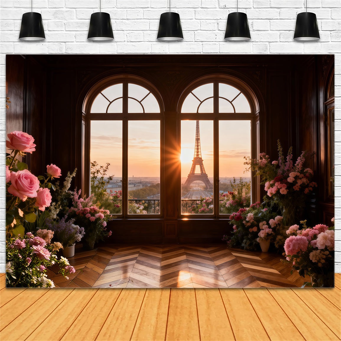Paris Photo Backdrop Golden Window Floral Sunset Eiffel Tower Photo Backdrop RR61-43