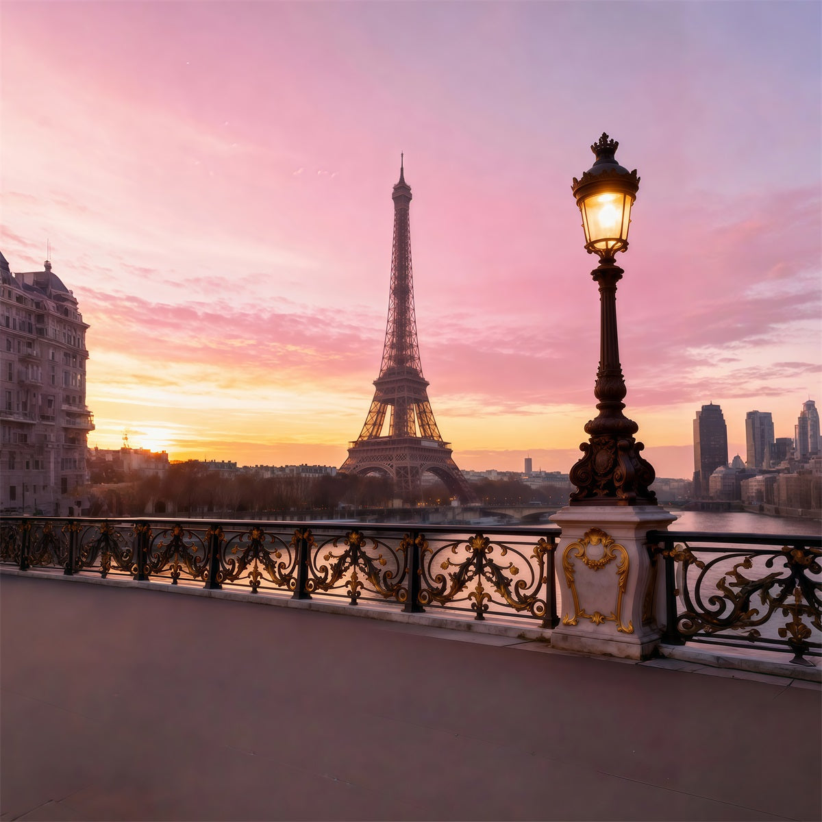 Paris Photo Backdrops Sunset Lamp Bridge Romance Eiffel Tower Photo Backdrop RR61-47