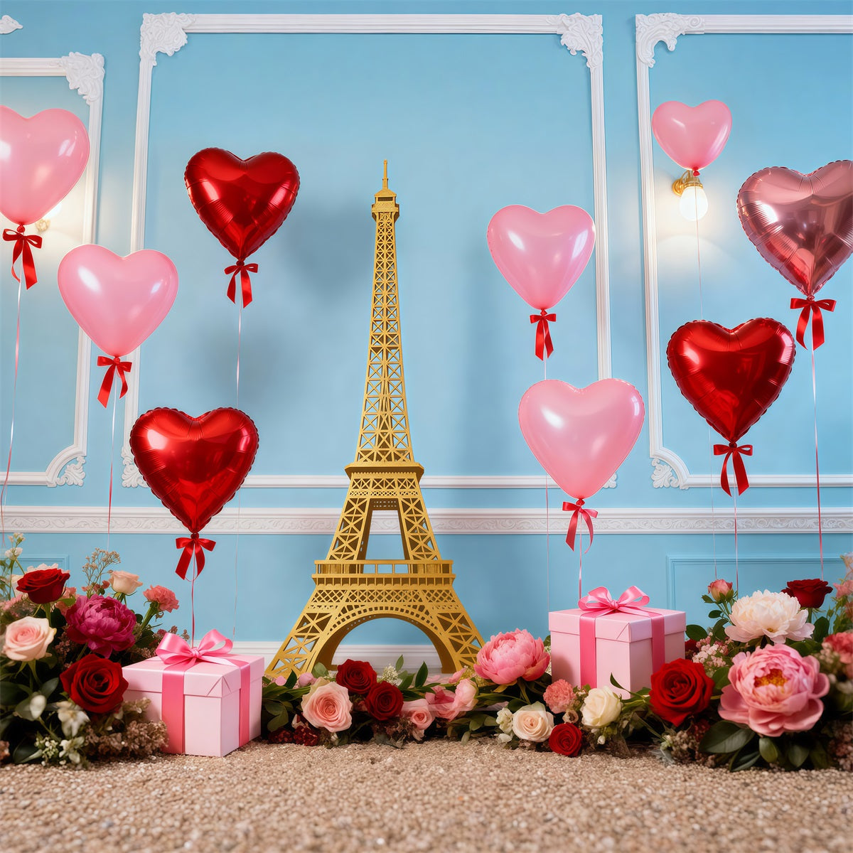 Evening In Paris Backdrop Heart Balloon Gift Celebration Eiffel Tower Backdrops RR61-48
