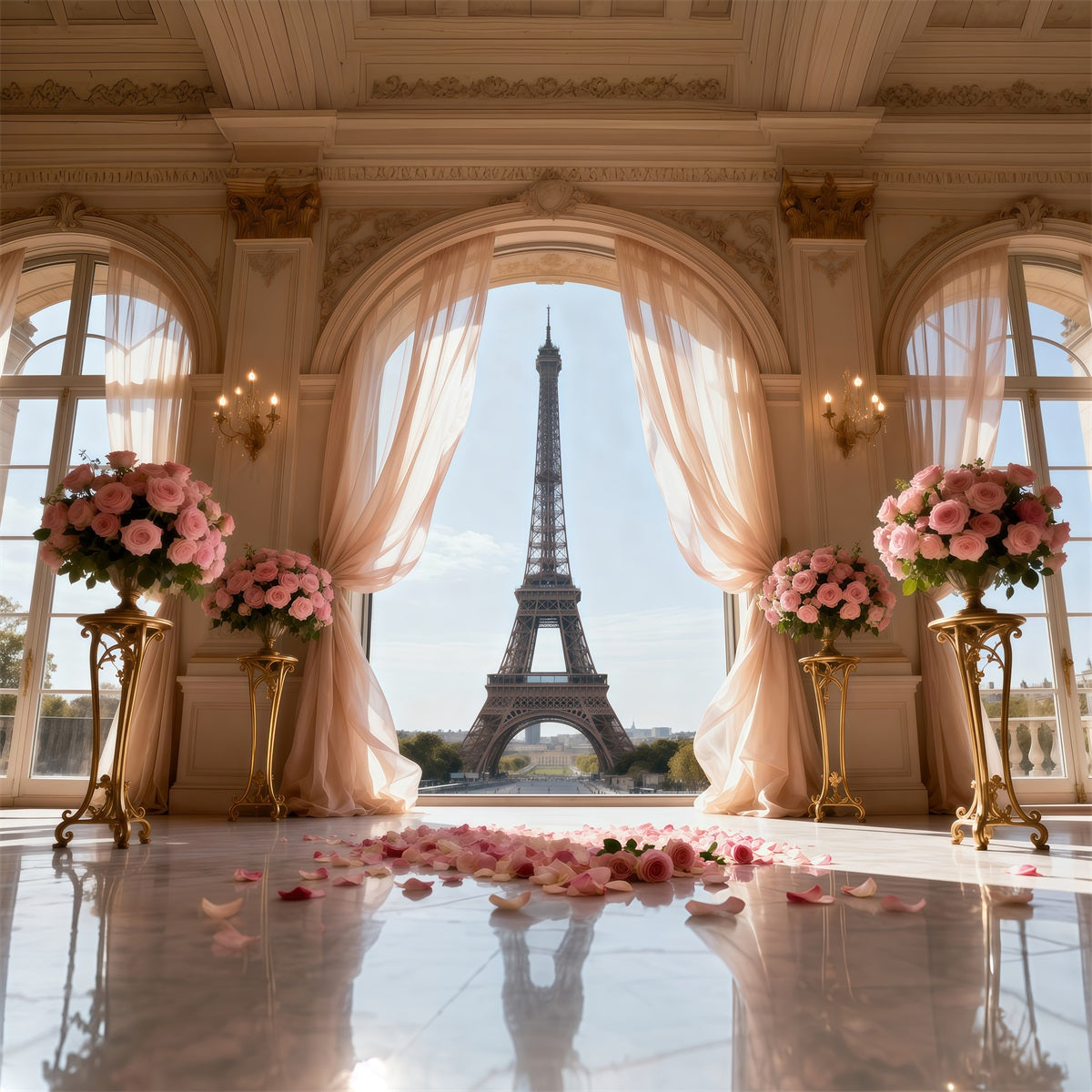 Paris Themed Photo Backdrop Palace Window Rose Ceremony Eiffel Tower Photography Backdrop RR61-50