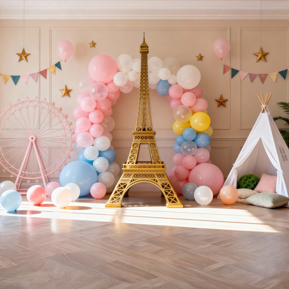 Paris Backdrop Ideas Pastel Balloon Party Fantasy Eiffel Tower Photo Backdrop RR61-63