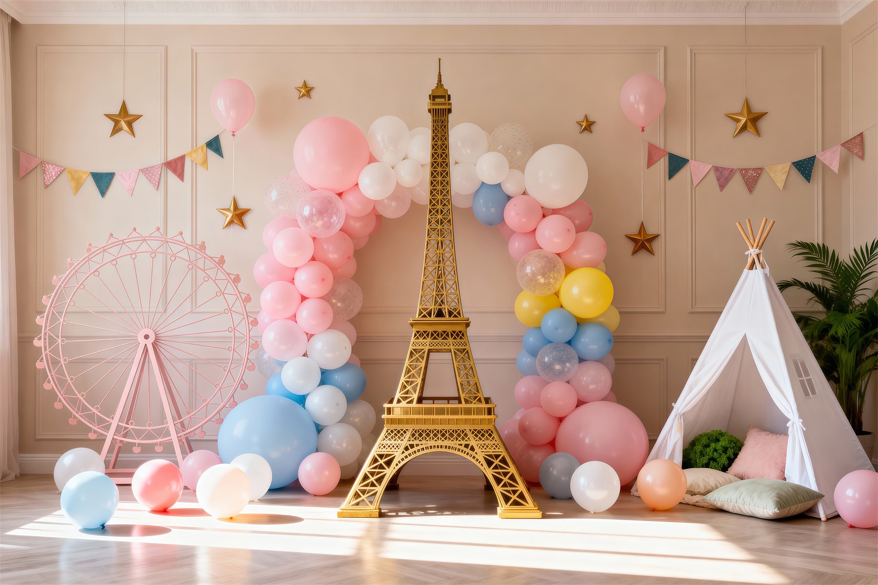Paris Backdrop Ideas Pastel Balloon Party Fantasy Eiffel Tower Photo Backdrop RR61-63
