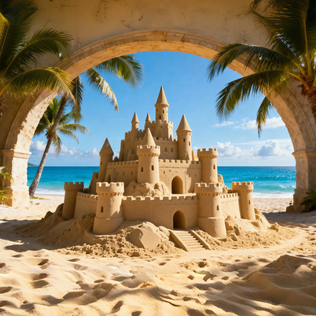 Beach Sand Backdrop Tropical Sandcastle Ocean View Summer Themed Backdrop RR61-7