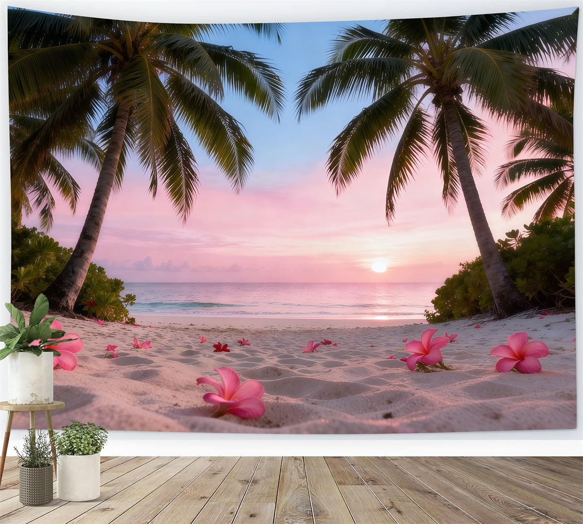 Beach Backdrop For Photography Sunset Plumeria Flowers Summer Photo Backdrop RR61-9