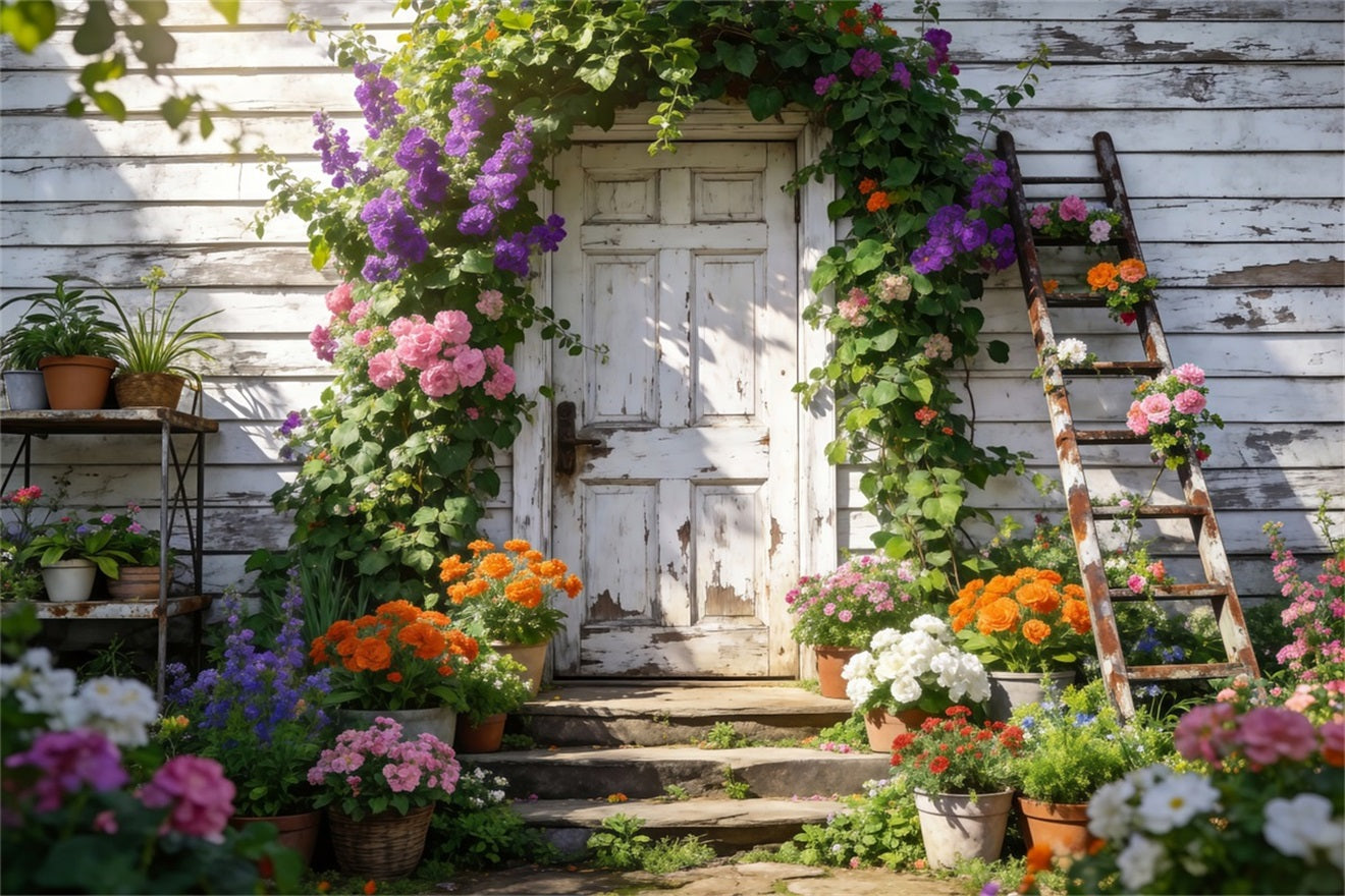 Spring Garden Backdrop Rustic Cottage Flower Doorway Floral Photography Backdrop RR62-14