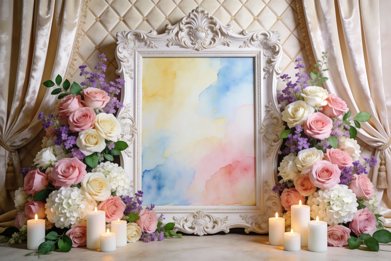 Spring Floral Backdrop Ornate Frame Watercolor Flowers Spring Backdrop Ideas RR62-2