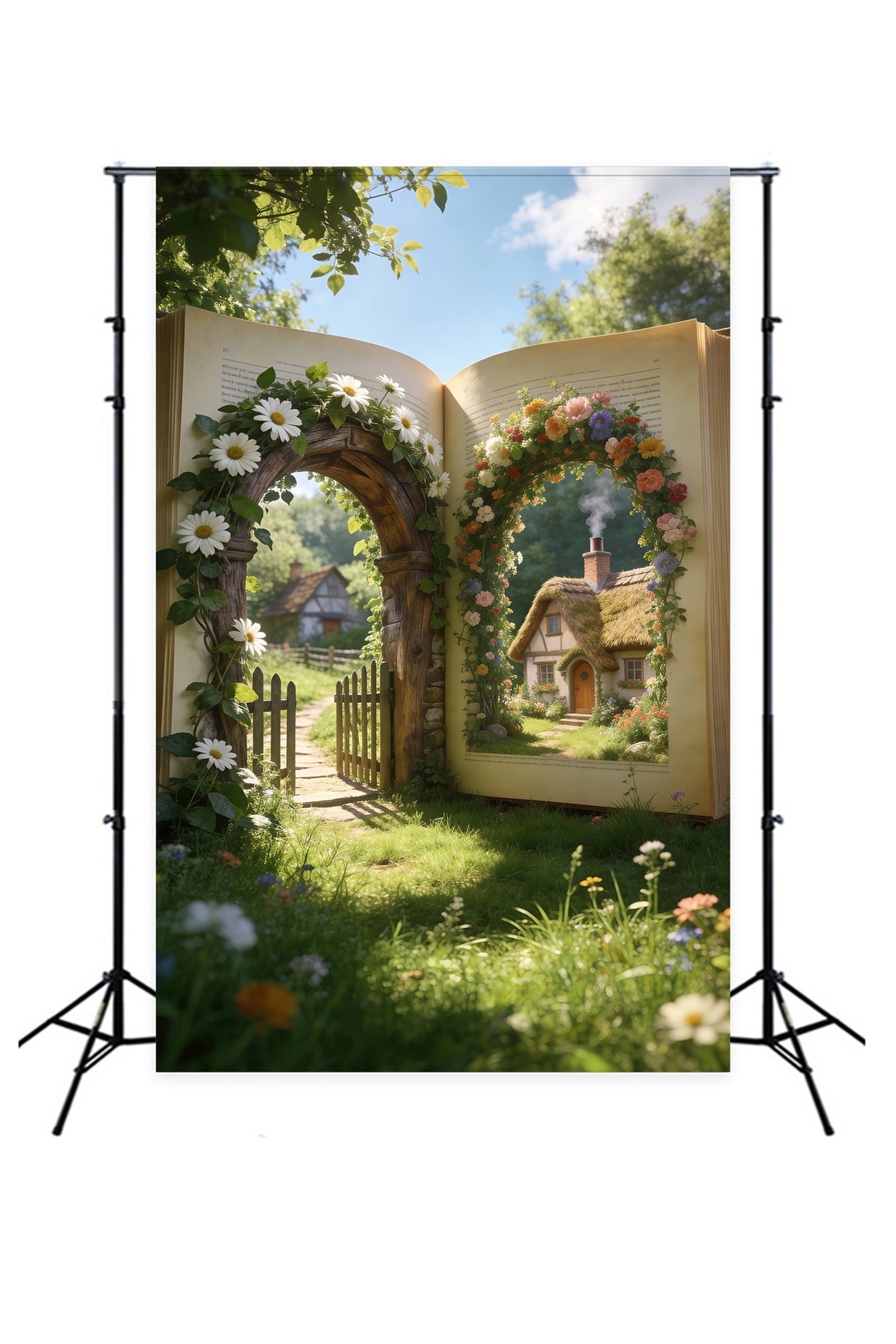 Spring Barn Backdrop Storybook Garden Cottage Gateway Floral Backdrop Photography RR62-33