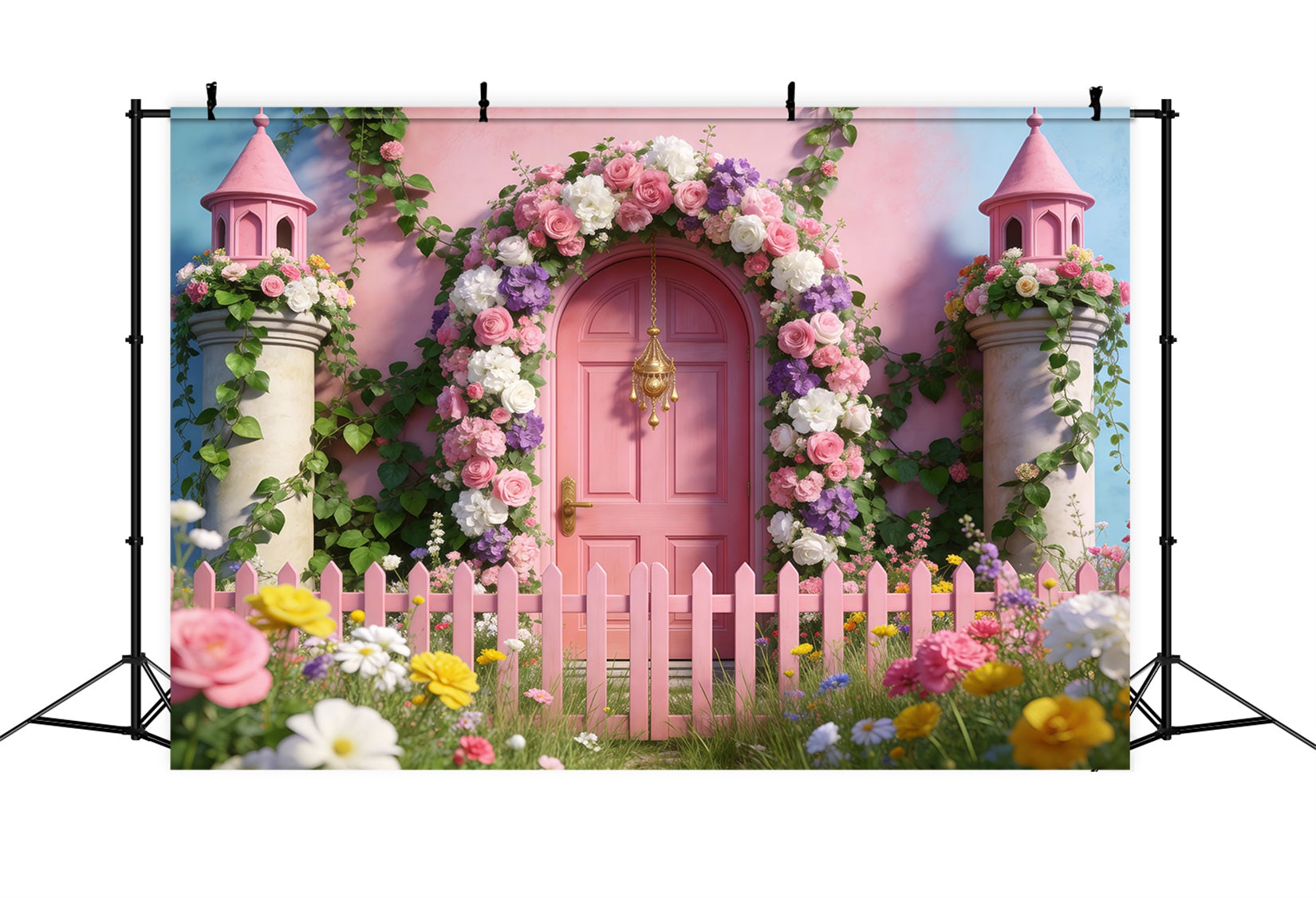 Spring Garden Backdrop Fairytale Pink Door Fence Floral Arch Backdrop RR62-38