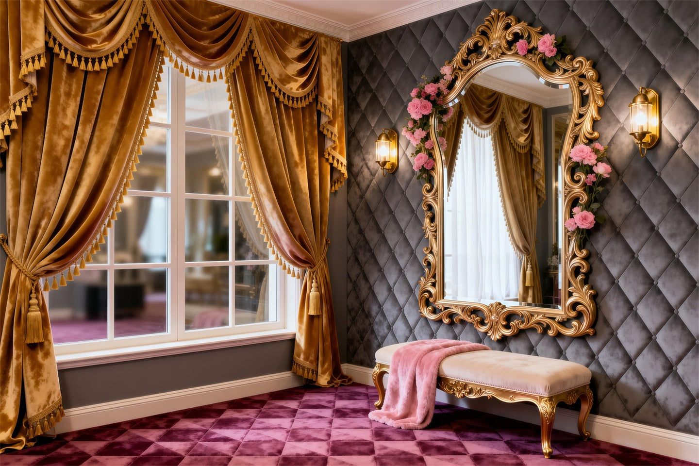 Boudoir Backdrop Ideas Golden Window Vanity Rose Mirror Classic Photo Backdrop RR62-78