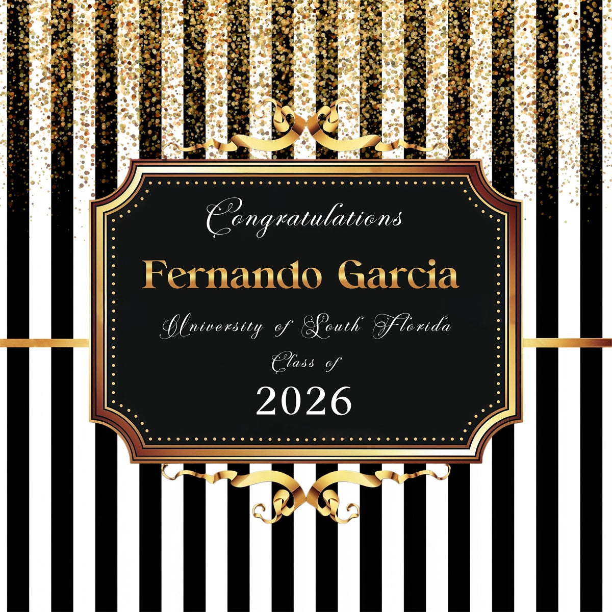 Graduation Backdrop Banner Black Stripe Gold Glitter Personalized Graduation Backdrop RR63-11
