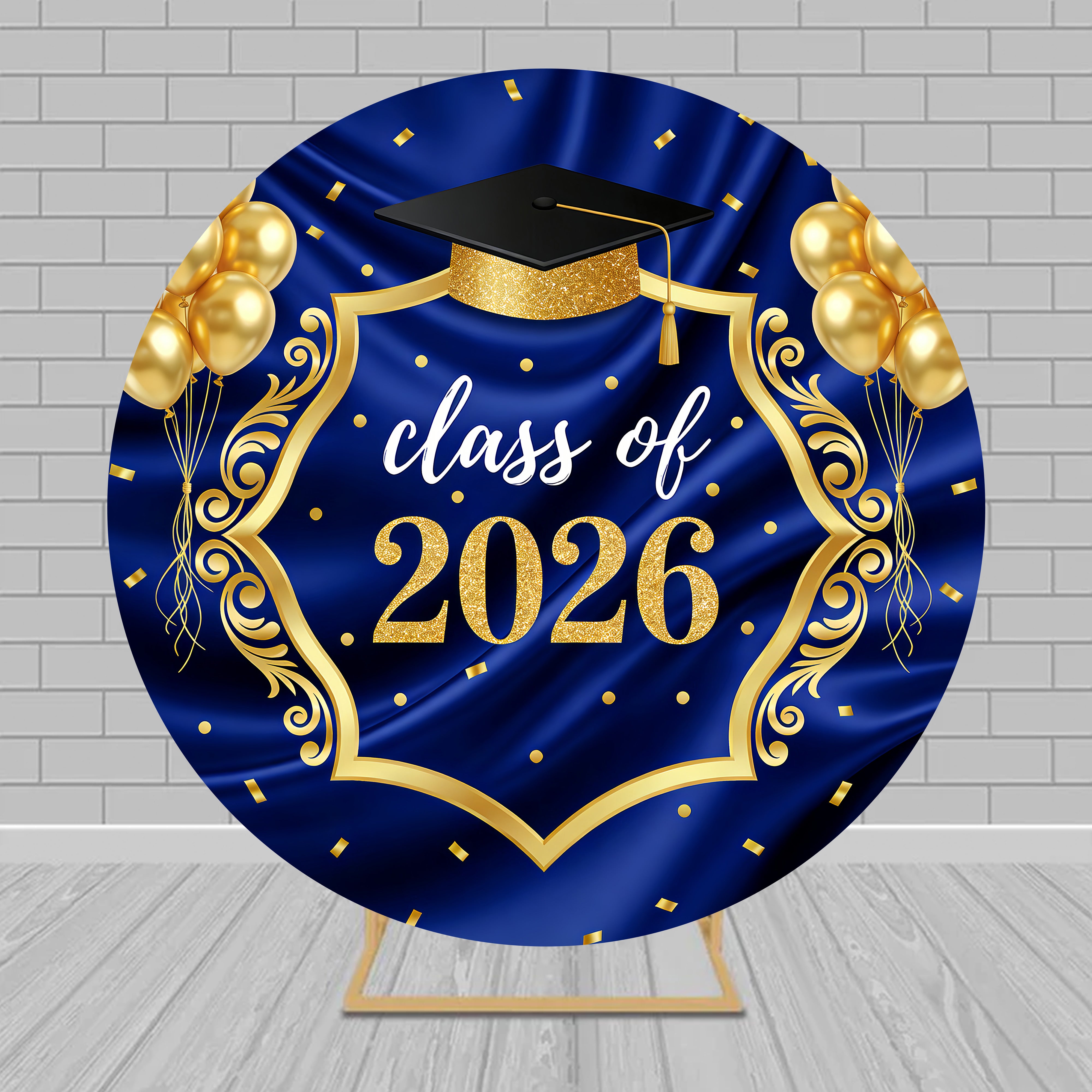 Navy Blue Graduation Backdrop Royal Blue Satin Gold Balloon Round Backdrop Cover RR63-114