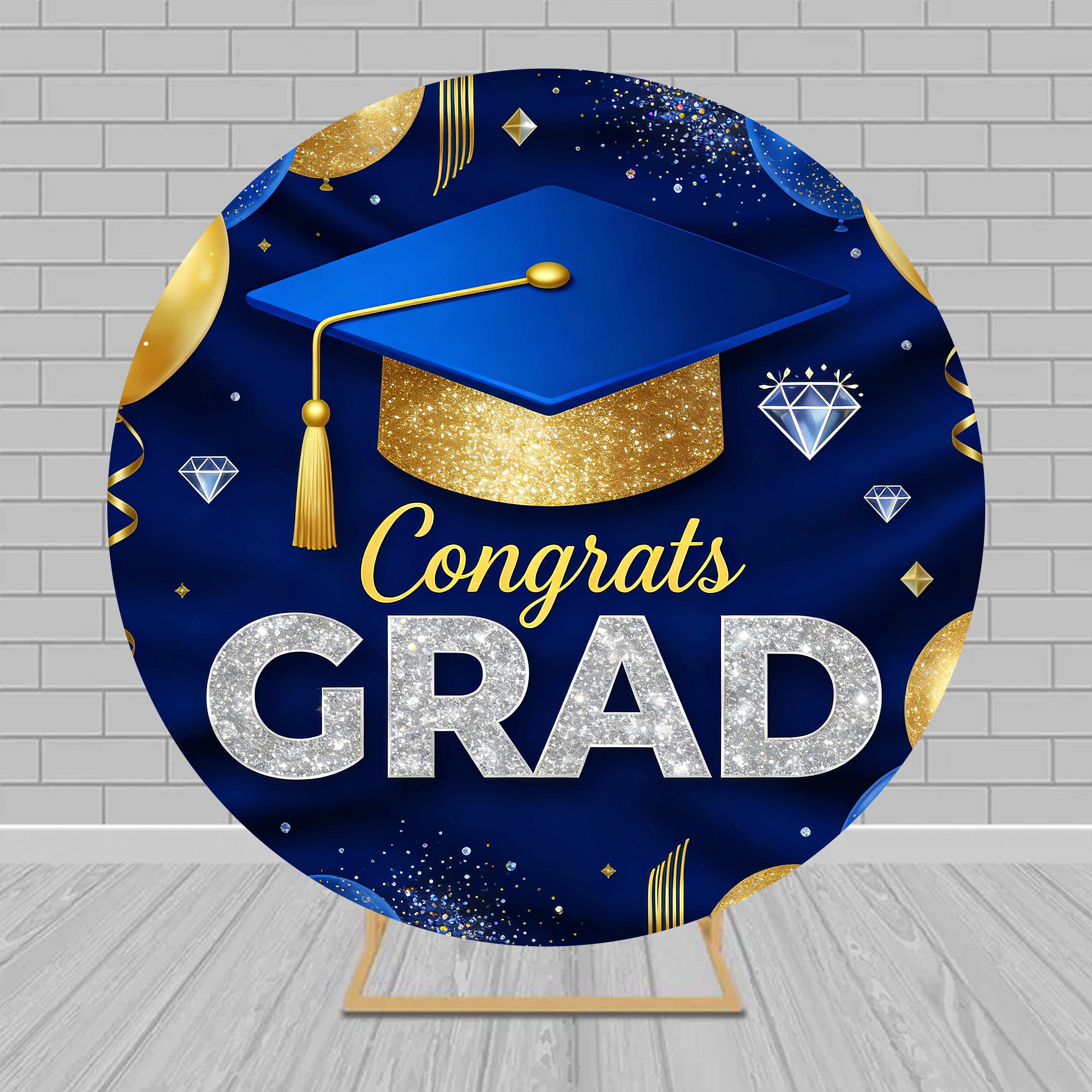 Navy Blue Graduation Backdrop Blue Gold Glitter Cap Diamond Personalized Round Backdrop RR63-117