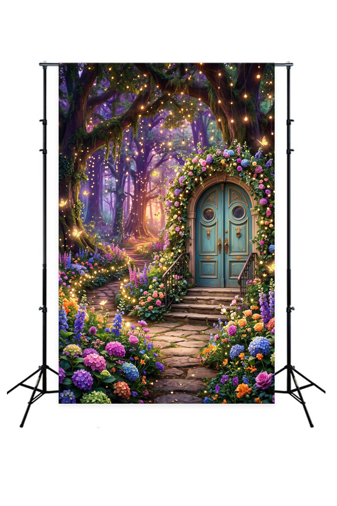 Forest Photo Backdrop Fantasy Floral Door Glowing Butterfly Garden Twilight Forest Backdrop RR63-124