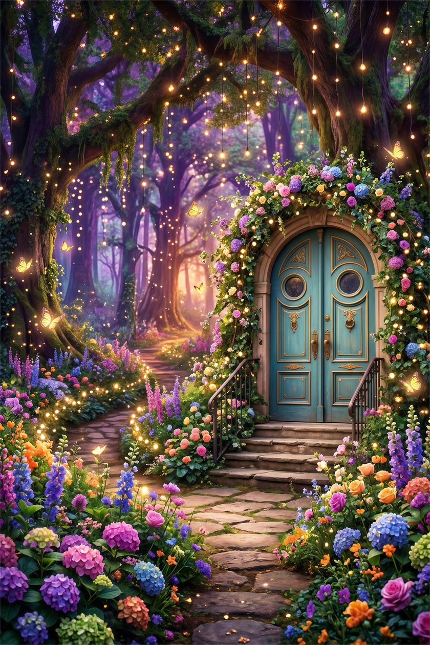 Forest Photo Backdrop Fantasy Floral Door Glowing Butterfly Garden Twilight Forest Backdrop RR63-124