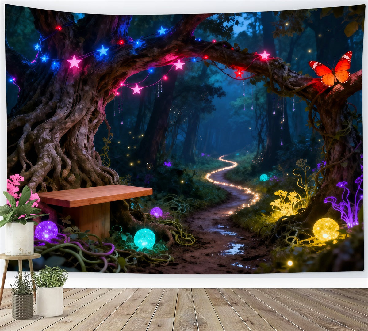 Enchanted Forest Backdrops Neon Fantasy Glowing Path Butterfly Forest Photography Backdrop RR63-130