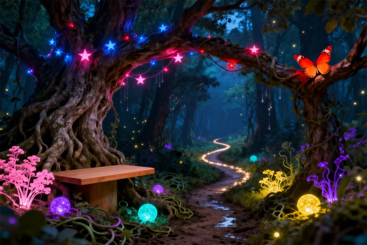 Enchanted Forest Backdrops Neon Fantasy Glowing Path Butterfly Forest Photography Backdrop RR63-130