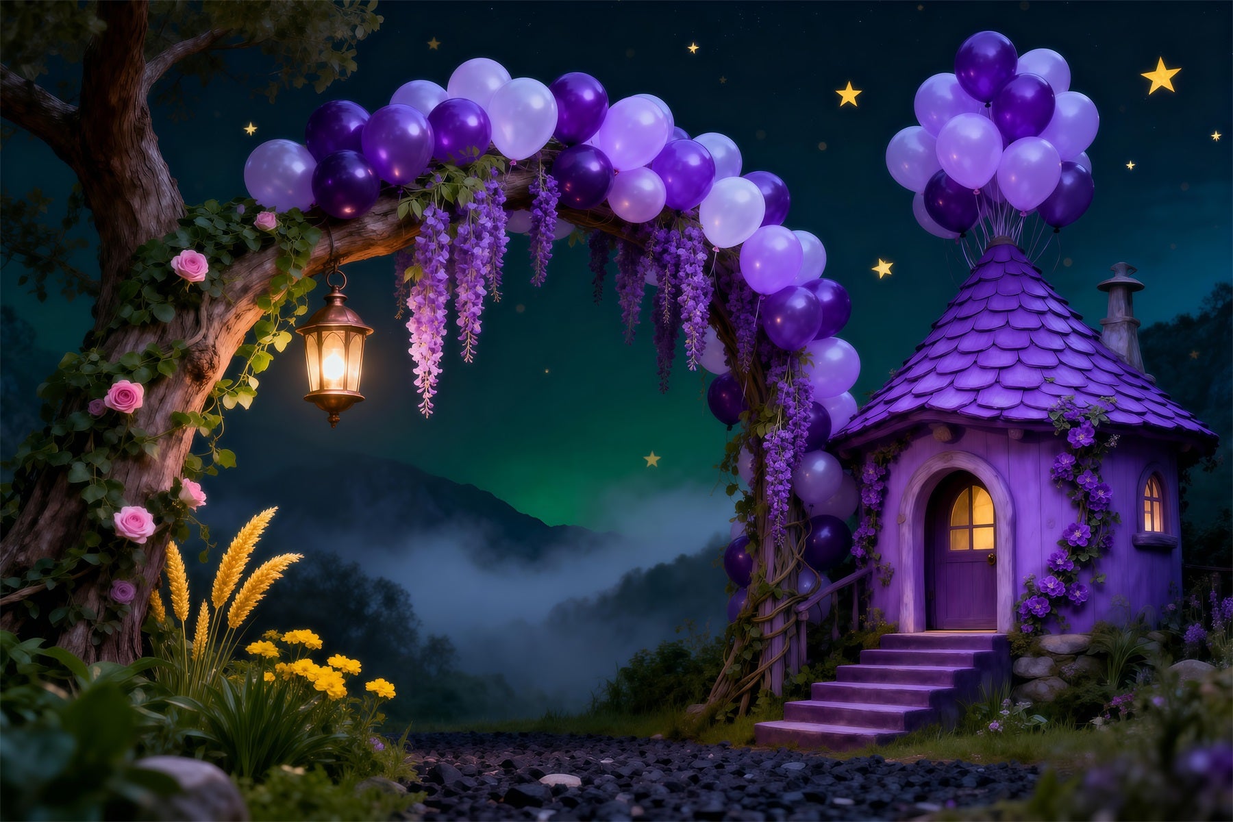 Enchanted Forest Balloon Backdrop Purple Cottage Arch Starry Night Forest Backdrop RR63-134